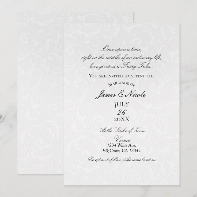 Princess White Damask Storybook Elegante Hochzeit Einladung (Vorne/Hinten)