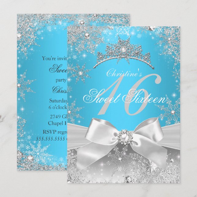 Princess Winter Wonderland Blue Sweet 16 Einladung (Vorne/Hinten)
