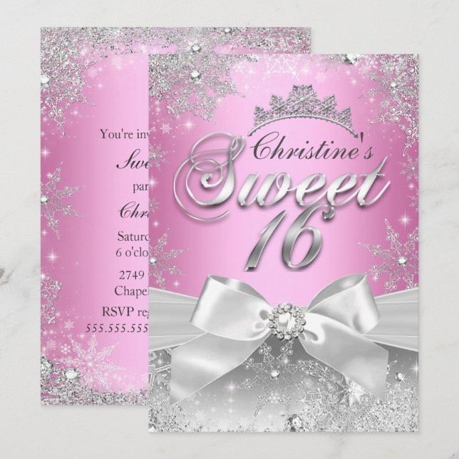 Princess Winter Wonderland Pink Sweet 16 Einladung (Vorne/Hinten)