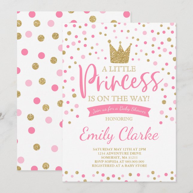 Princesse Baby shower Invitation Douche en or rose (Devant / Derrière)