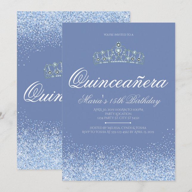 Princesse Blue Glitter Quinceanera Invitations (Devant / Derrière)
