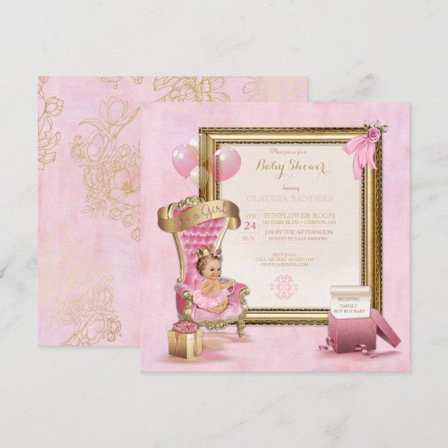 Princesse Crown Gold Pink de faire-part de baby (Devant / Derrière)