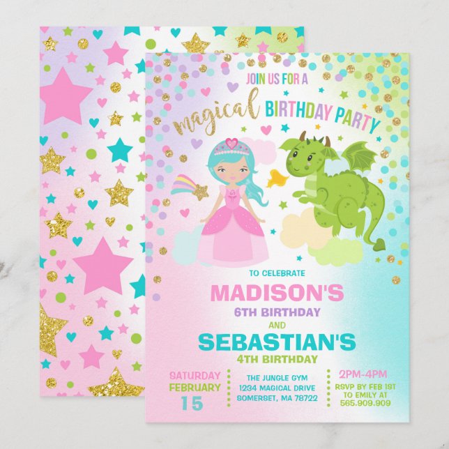 Princesse Et Dragon Anniversaire Invitation Frères (Devant / Derrière)