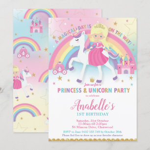 Princesse et licorne Invitations d'anniversaire Bl