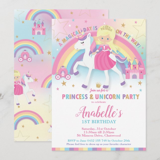 Princesse et licorne Invitations d'anniversaire Ra (Devant / Derrière)