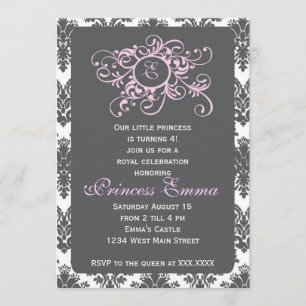 Princesse grise et rose Damask Invitation