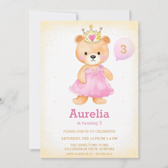 Princesse ours rose fille anniversaire Invitation (Devant)