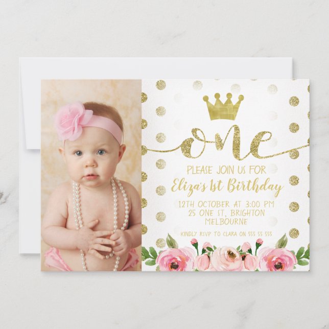 Princesse Photo 1er Anniversaire Fête Invitation (Devant)
