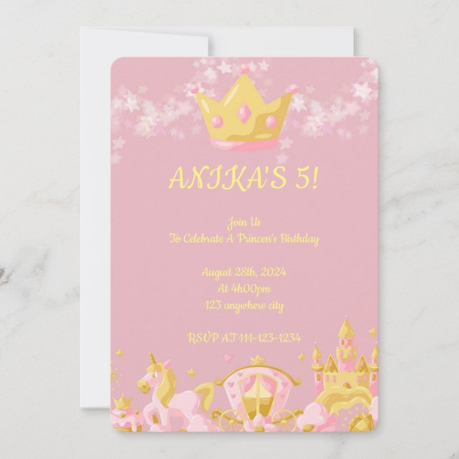 Princesse rose invitation d'anniversaire fille (Devant)