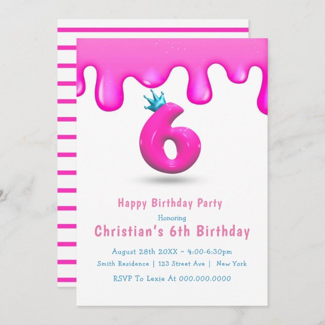 Princesse rose Slime 6e anniversaire Invitations (Devant / Derrière)