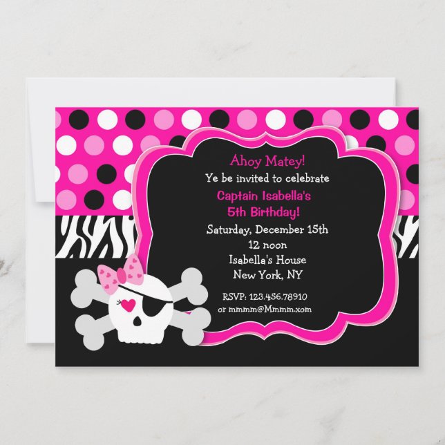 Princesse Skull BIrthday Invitations de pirate (Devant)