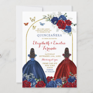 Princesses Quinceañera, Twin Navy Blue Rote Rose Einladung
