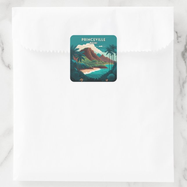 Princeville Kauai Hawaii Beach Mountains Retro Quadratischer Aufkleber (Tasche)