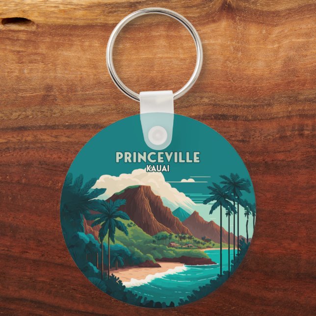 Princeville Kauai Hawaii Beach Mountains Retro Schlüsselanhänger (Vorderseite)