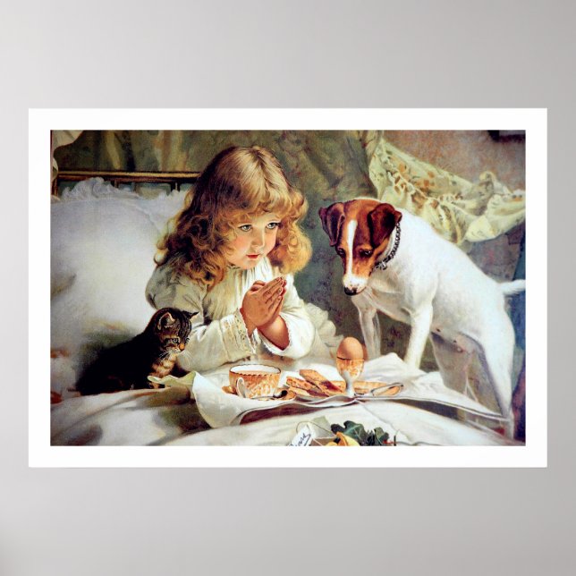 Print: Frühstück im Bett: Mädchen, Terrier & Katze Poster (Vorne)