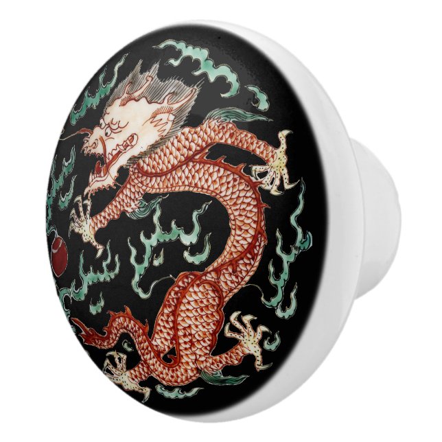 Print of Ancient Chinese Dragon & Flaming Pearl Keramikknauf (Rechts)