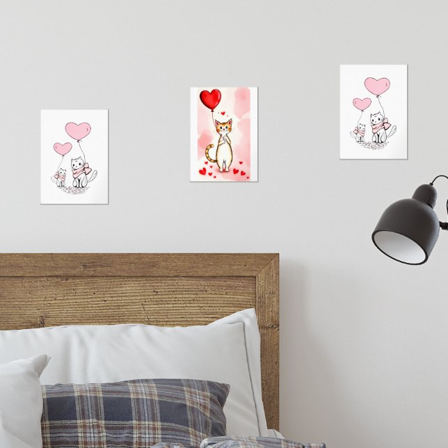 Print Set  Cat Red & Pink Hearts (Chambre à coucher)