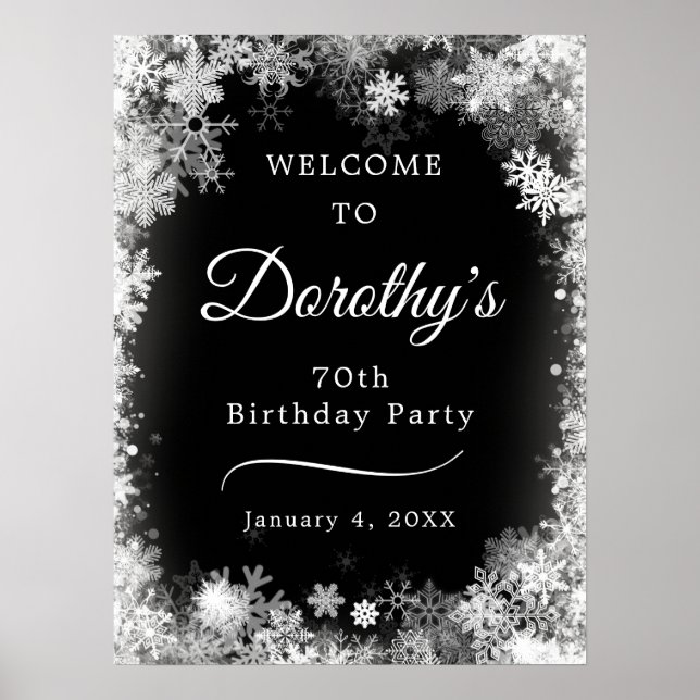 Printable 70. Geburtstag Snowflake Black Willkomme Poster (Vorne)