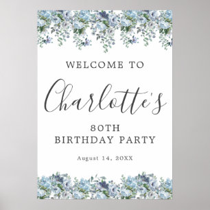 Printable 80. Geburtstag Blue Floral Willkommen Poster