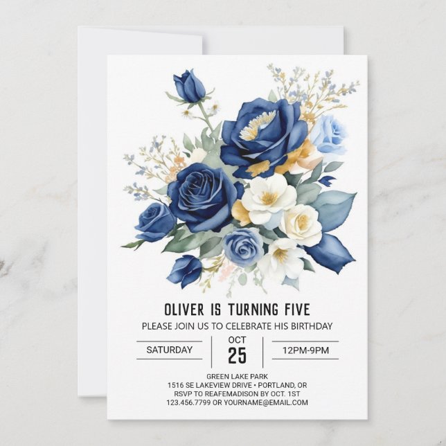 Printable Blue Floral Birthday Einladung (Vorderseite)