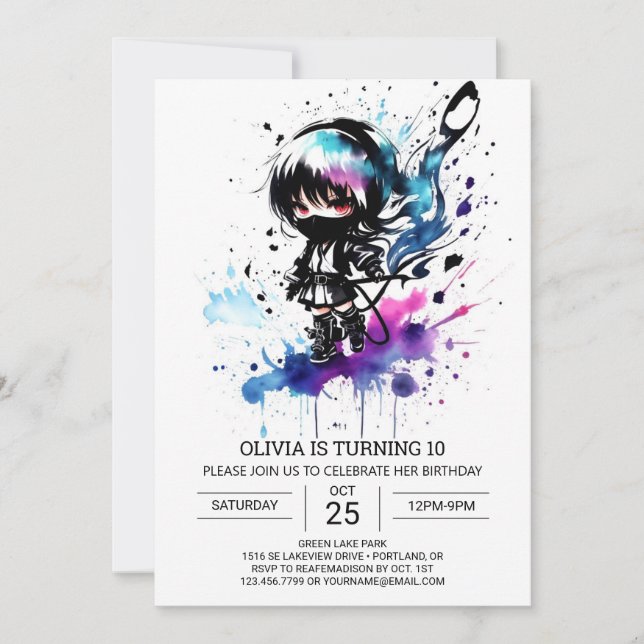 Printable Chic Ninja Girl Birthday Einladung (Vorderseite)