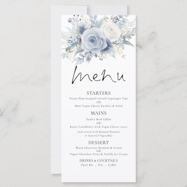 Printable Dusty Blue FloralsWedding Thank You Menu Karte (Vorderseite)