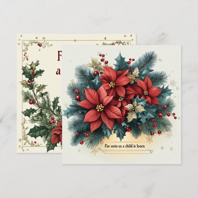 Printable Festive Poinsettia Nativity Bible Verse Einladung (Vorne/Hinten)