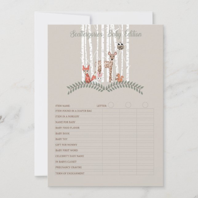 Printable Game! für Woodland Creatures Baby Shoote Einladung (Vorderseite)