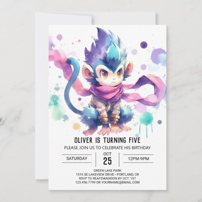 Printable Happy Monkey Birthday Einladung (Vorderseite)