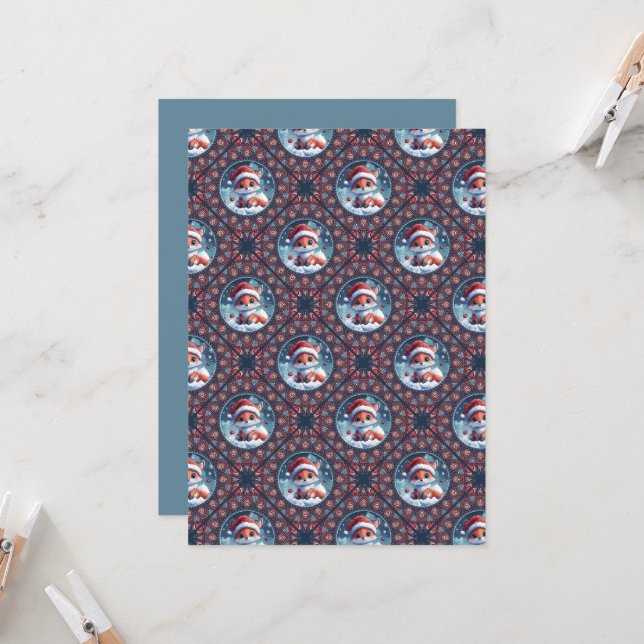 Printable Kawaii Christmas Fox Diamond Tile Einladung (Vorderseite/Rückseite Beispiel)