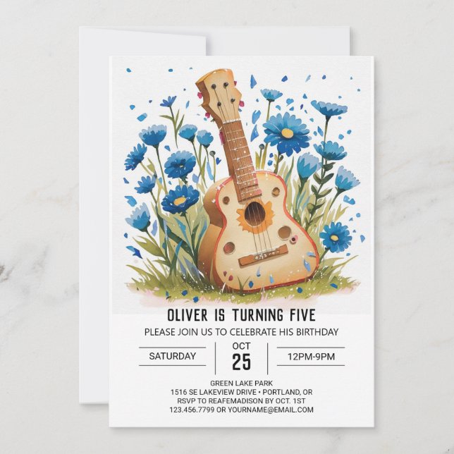 Printable Kids'Guitar Boy Birthday Einladung (Vorderseite)