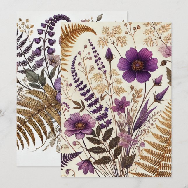 Printable Lila & Gold Boho Wildblumen und Ferns Einladung (Vorne/Hinten)