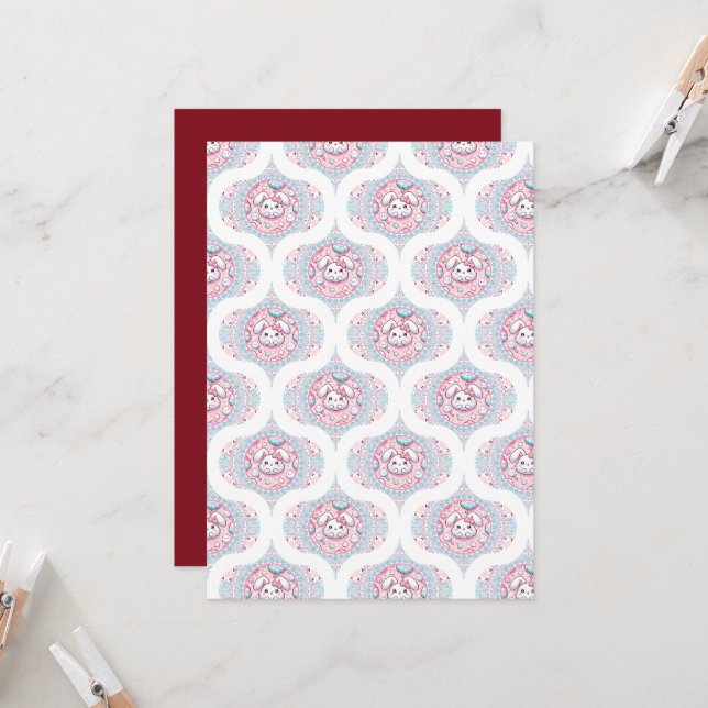 Printable Niedlich Pastel Kawaii Bunny Retro Ogee Einladung (Vorderseite/Rückseite Beispiel)