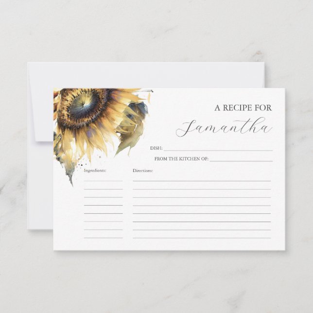 Printable Recipe Cards Aquarellfarben Sonnenblumen Einladung (Vorderseite)