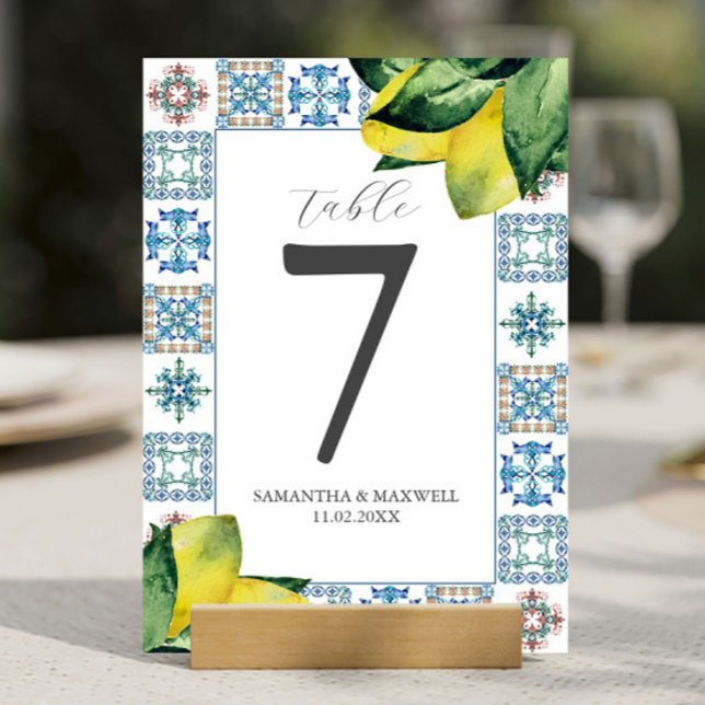 Printable Tischnummer Amalfi Tile & Lemons (Amalfi tile and watercolor lemons wedding theme table number by Victoria Grigaliunas Do Tell A Belle)