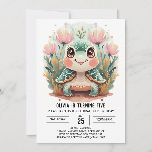 Printable Underwater Turtle Girl Einladung (Vorderseite)