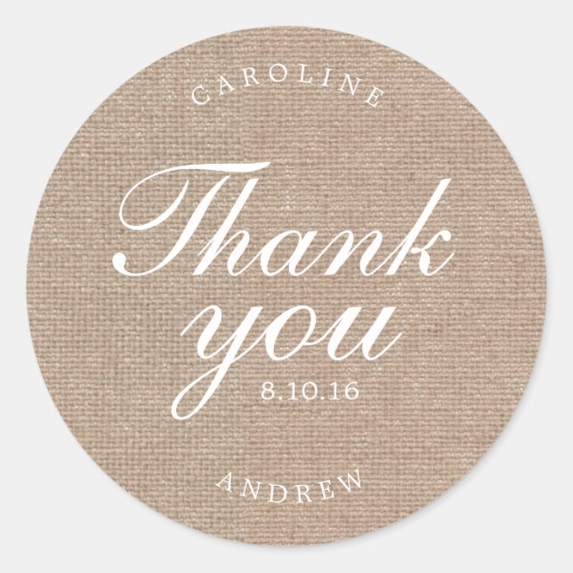 Printed Burlap Wedding Vielen Dank Runder Aufkleber (Vorderseite)