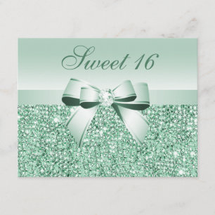 Printed Mint Green Sequins, Bow & Diamond Sweet 16 Einladung