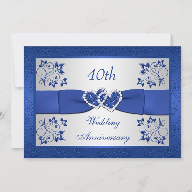 PRINTED RIBBON Blue Silver Floral 40 Jahre Jubiläu Einladung (Vorderseite)