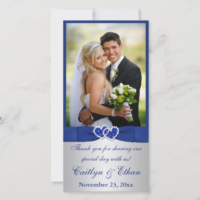 PRINTED RIBBON Blue, Silver Wedding Foto Card Dankeskarte (Vorderseite)