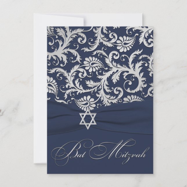 PRINTED RIBBON Navy, Silver Damask Bat Mitzvah Einladung (Vorderseite)