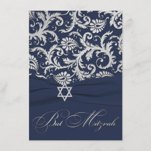 PRINTED RIBBON Navy, Silver Damask Bat Mitzvah Einladung