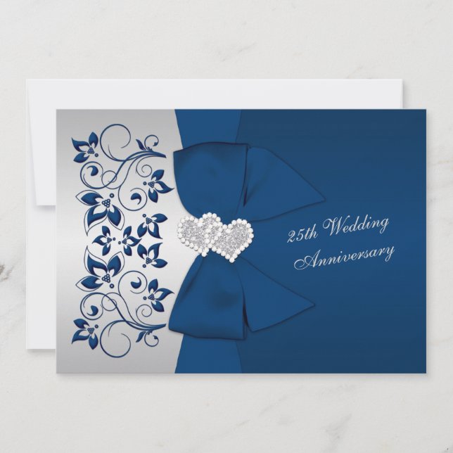 PRINTED RIBBON Navy Silver Floral 25 Jahre Jubiläu Einladung (Vorderseite)