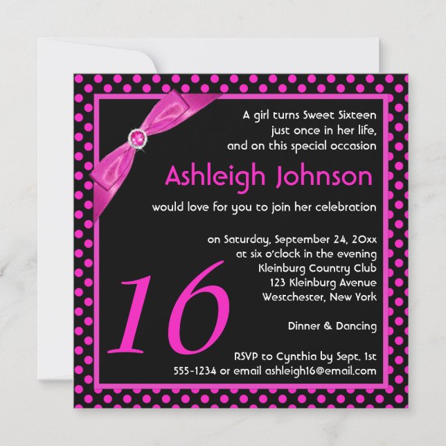 PRINTED RIBBON Polka Dot Sweet 16 Birthday Einladu Einladung (Vorderseite)
