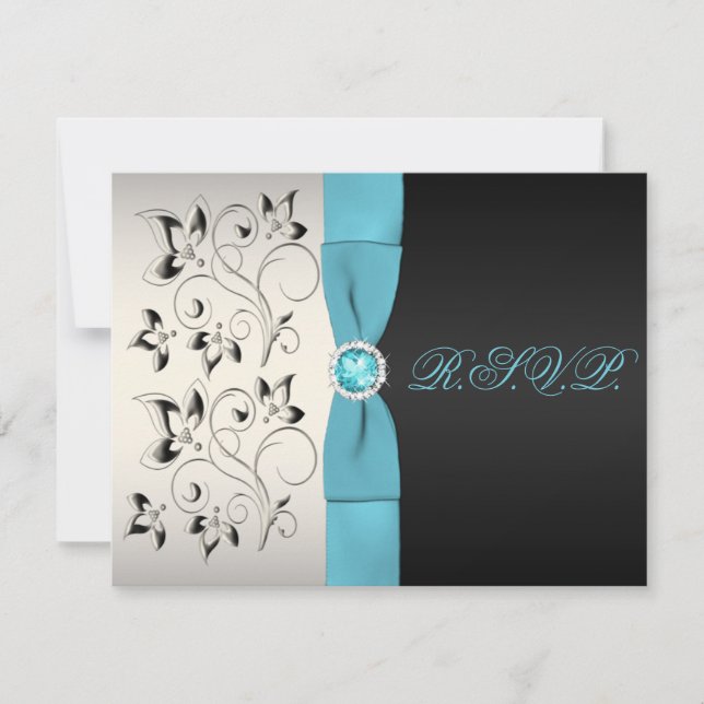 PRINTED RIBBON Silver Aqua Black Floral Repcard RSVP Karte (Vorderseite)