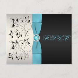 PRINTED RIBBON Silver Aqua Black Floral Repcard RSVP Karte