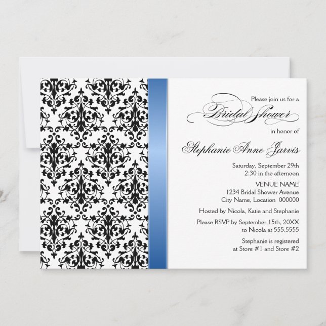 Printed Royal Blue Ribbon Damask Brautparty Einladung (Vorderseite)