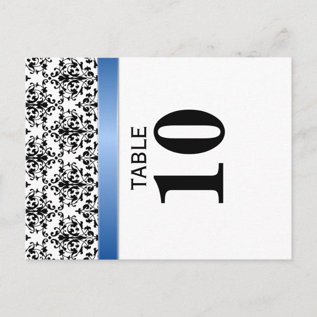 Printed Royal Blue Ribbon Damask Tischnummer (Vorderseite)