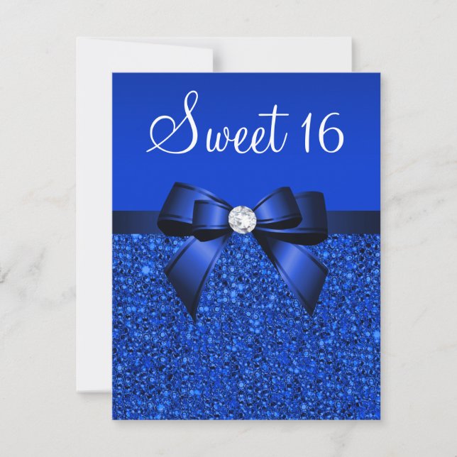 Printed Royal Blue Sequins, Bow & Diamond Sweet 16 Einladung (Vorderseite)