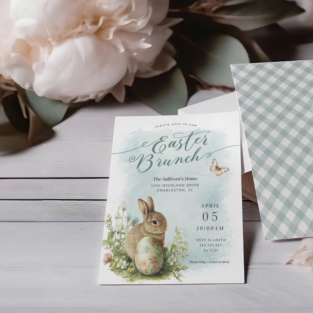 Printemps Aquarelle Bunny Pâques Brunch Invitation (Easter brunch invitation mockup with watercolor vintage bunny illustration. )